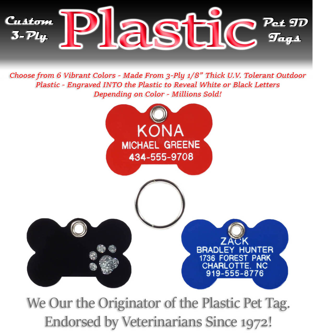 PLASTIC BONE SHAPE Pet Dog Cat Identification Name Tags-A Custom Engraved ID Tag