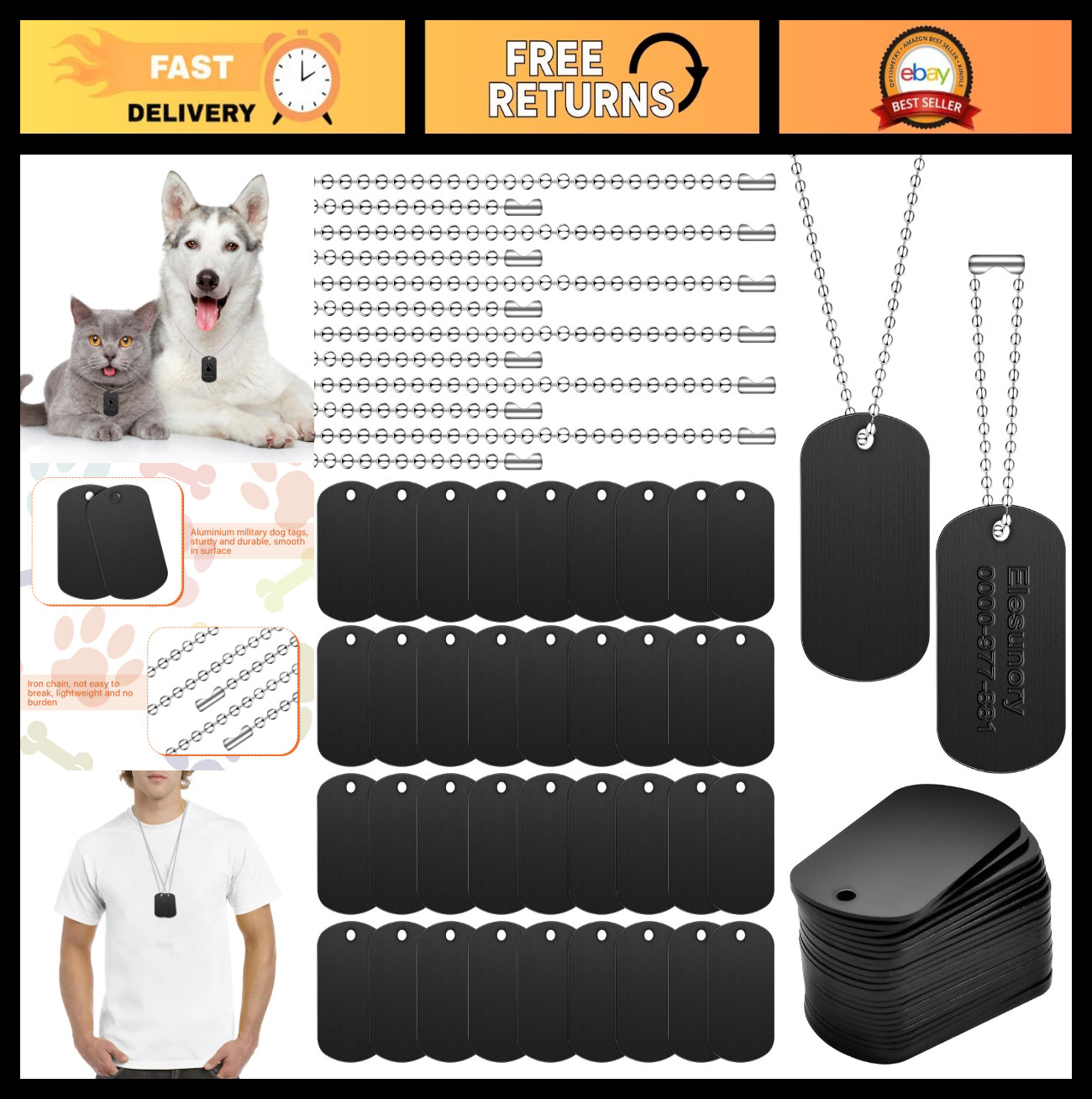 100 Pcs Military Dog Tags Set – 50 Aluminum Blank Tags & 50 Iron Chains, Customi