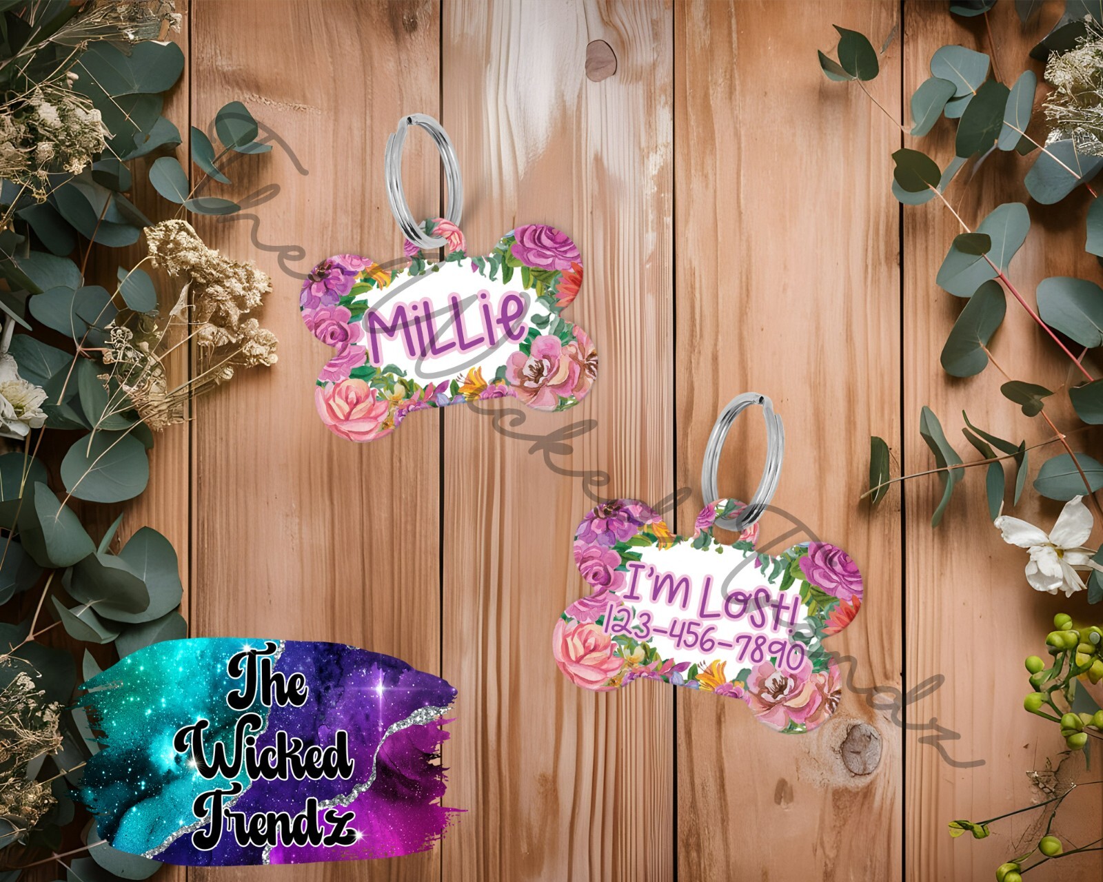 Spring Fall Floral Flowers Girl Dog Custom Personalized Pet Name ID Dog Tag
