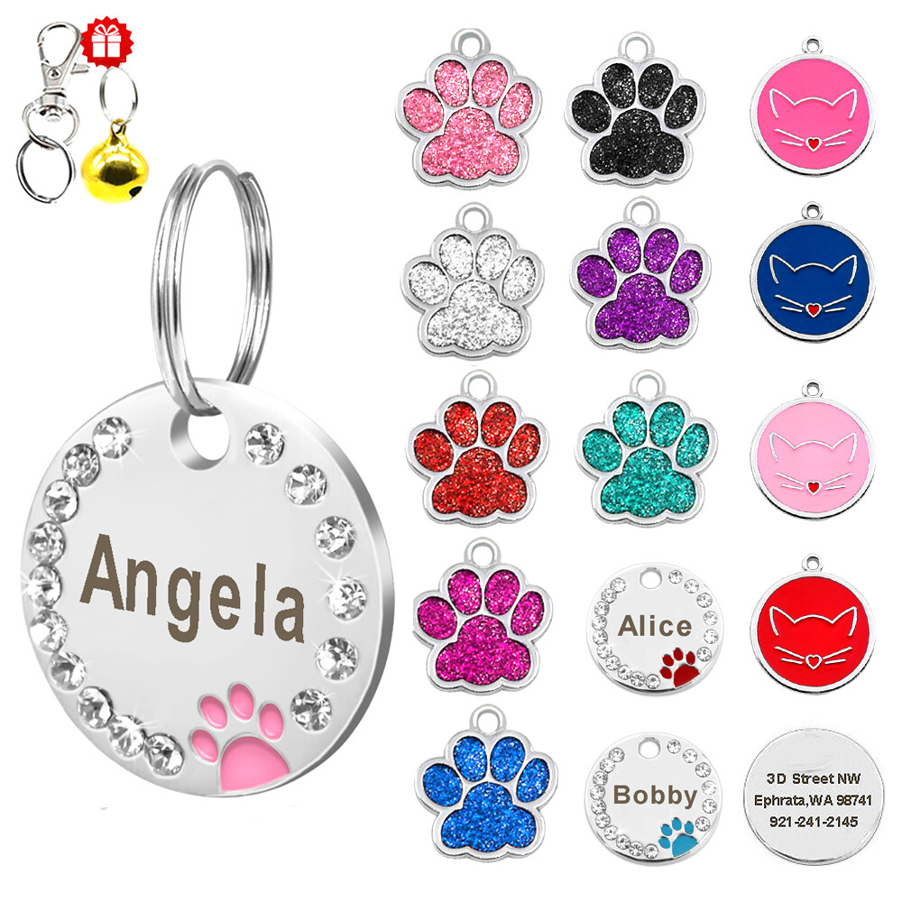 Bling Glitter Paw Round Personalized Dog ID Tags Disc Engraved Puppy Pet Dog Tag