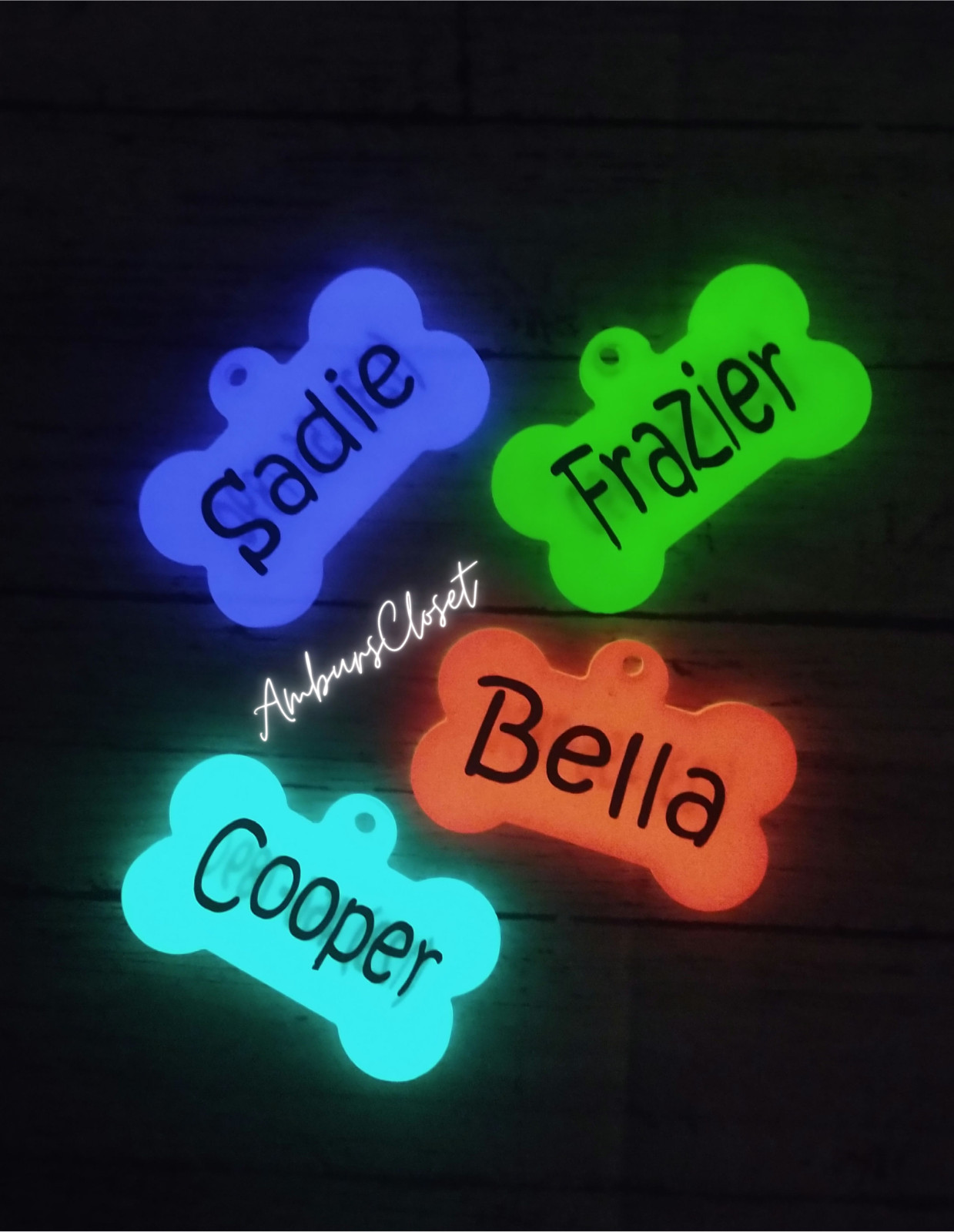 Personalized Resin Bone Dog Tag ID Customized w/ Name, Phone UV GLOW IN THE DARK