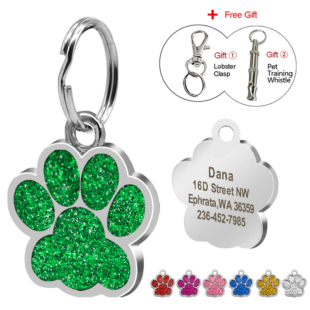 Personalized Dog Tags Engraved Puppy Pet ID Name Collar Tag Paw Glitter+ Whistle