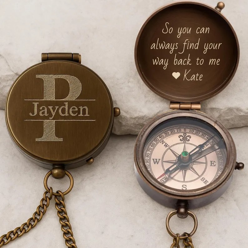 Personalized Engraved Compass Gift: Custom Working Vintage Antique Brass Pocket
