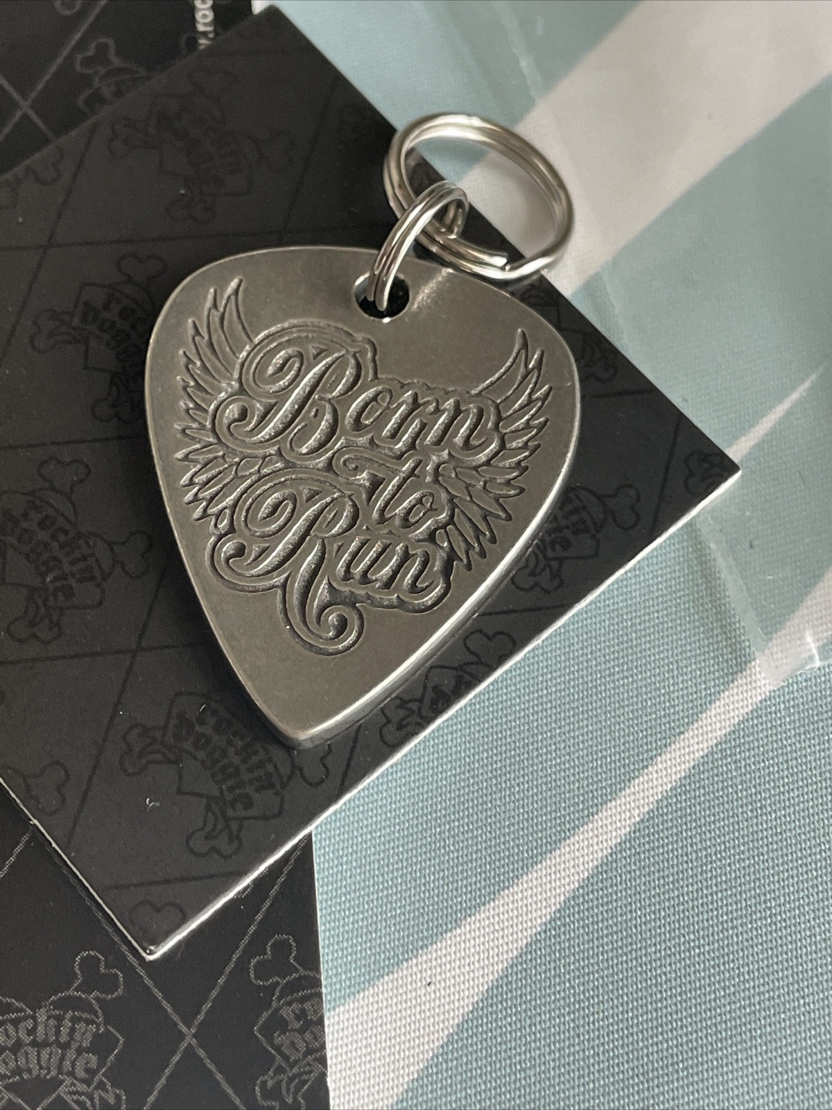 Rockin Doggie Born To Run Guitar Pick Pewter Dog Tag Pet ID & Matching Necklace