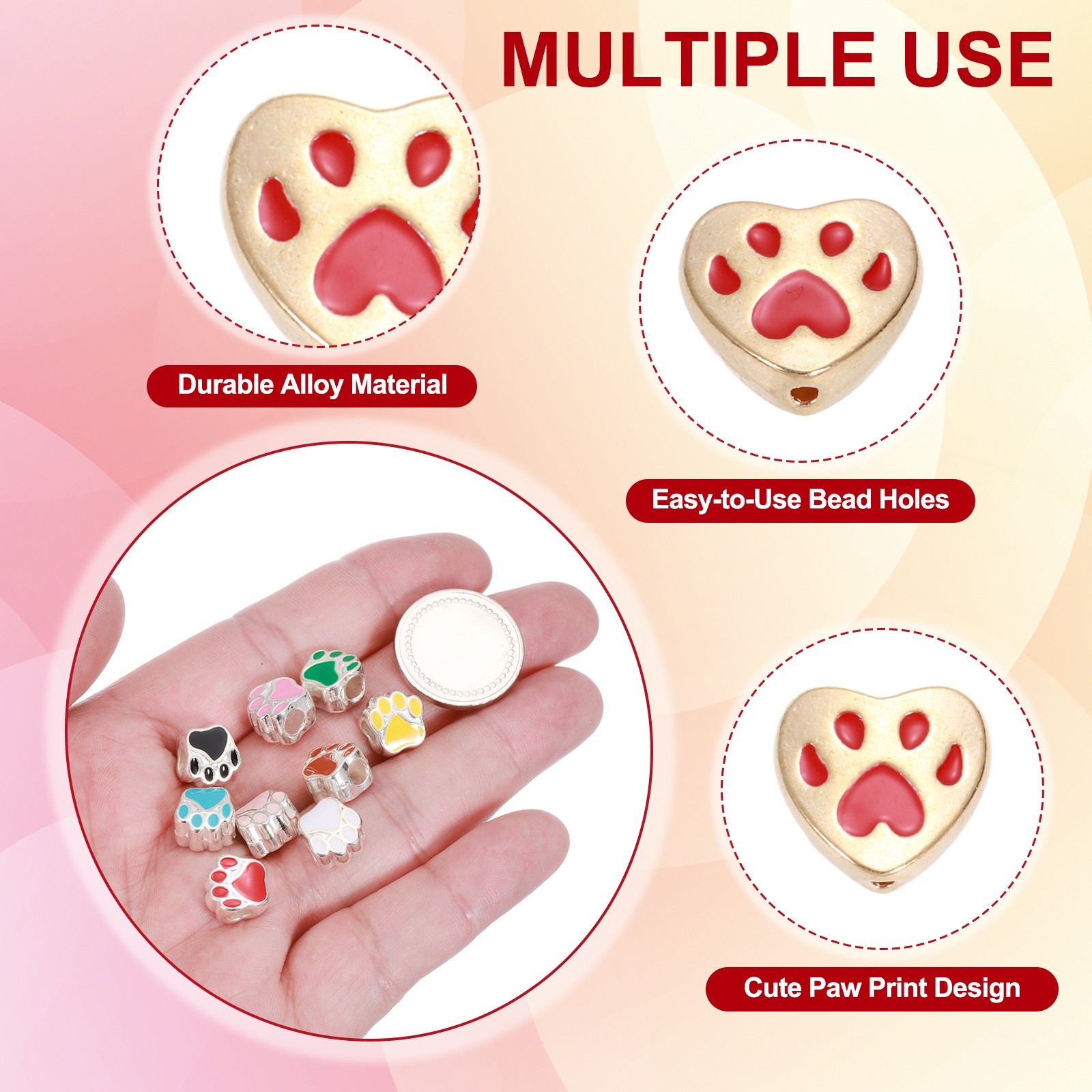 Paw Print Heart Beads, Enamel Alloy Dog Cat Paw Charms Pendant, 50Pcs(Red)