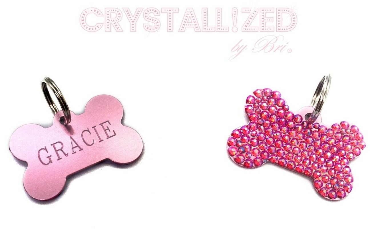 Custom Bling Dog Tag AUSTRIAN CRYSTALS Bone Heart Circle Cat Name Bedazzled ID