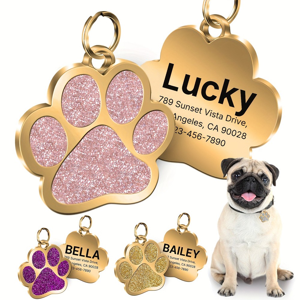 1pcs Customizable Pet ID Tag Engraved Paw Shaped Glitter Dog Cat Collar Name Tag