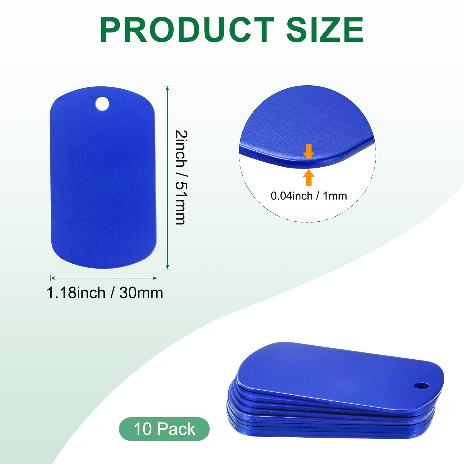 10-Pack 2″ x 1.18″ x 0.04″( L x W x T ) Blank Dog Tags [Blue, 1 Hole]