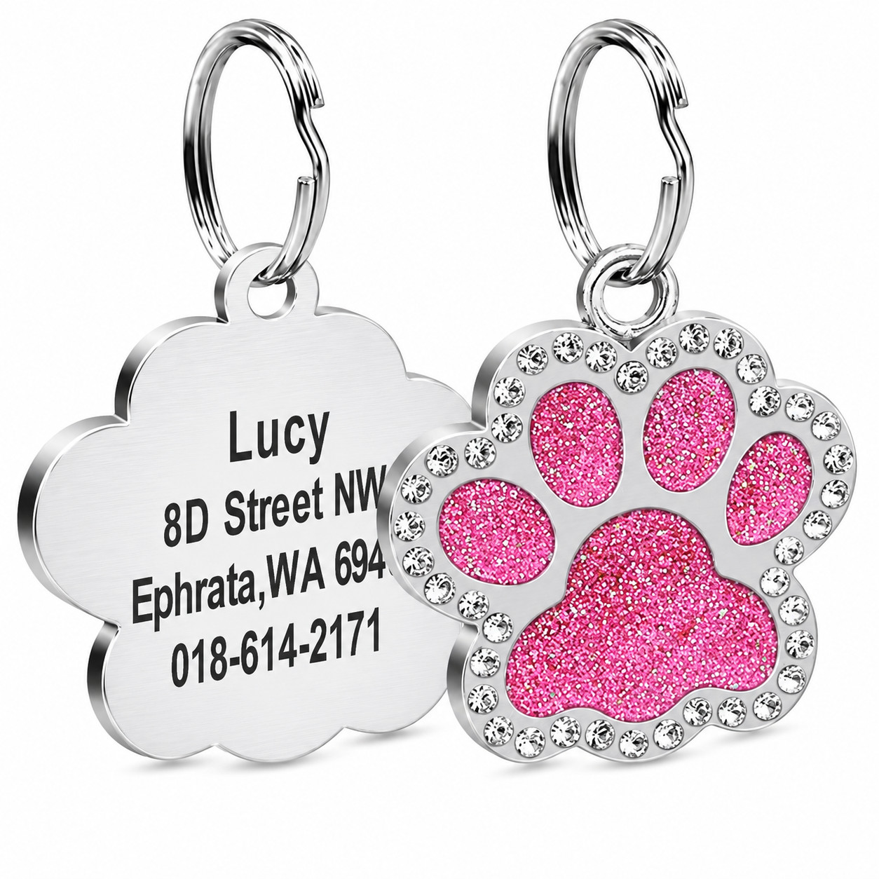 Personalized Pet ID Tag Custom Engraved Dog Cat Name Tag Glitter Paw Charm