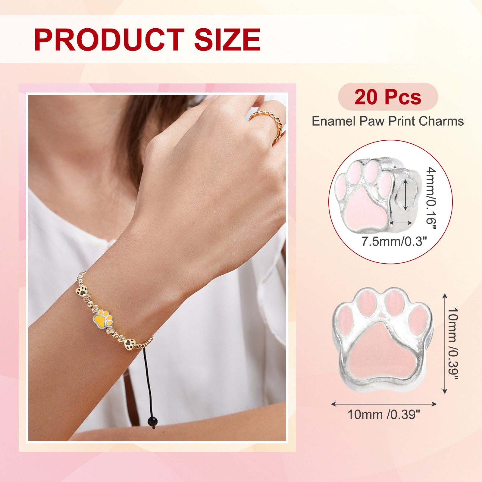 Enamel Paw Print Charms, Alloy Dog Cat Paw Large Hole Beads, 20Pcs(Pink)
