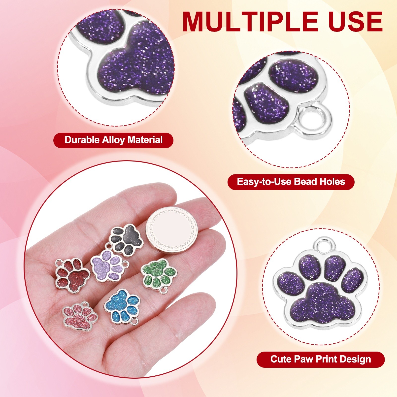 Enamel Paw Print Charms with Glitter Powder 50Pcs,(Silver Tone/Purple)