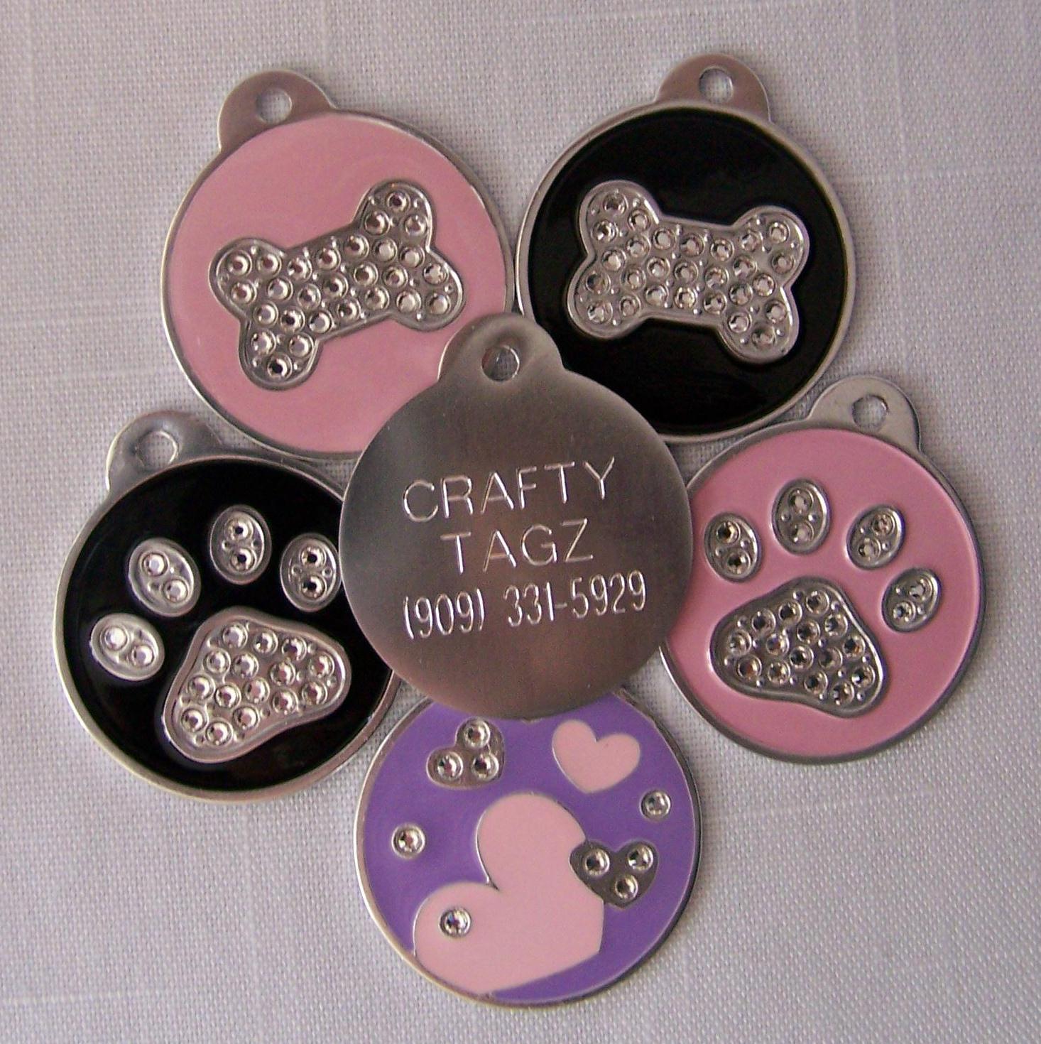 Crystal Pet Dog ID tag Bone/Paw/Hearts Dog Rhinestone ENGRAVED