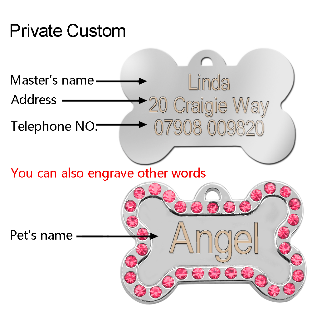 Personalized Dog Tags Engraved Cat Puppy Pet ID Name Collar Tag Bone/Paw Glitter