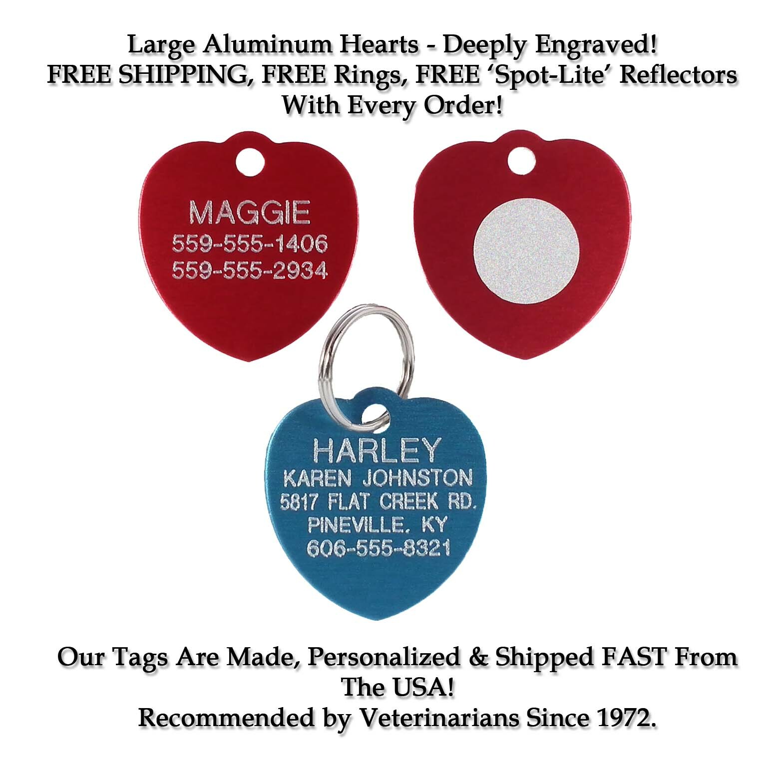 LARGE HEART Dog Cat Pet ID Name Tags Custom Engraved Tag up to 5 lines FREE SHIP