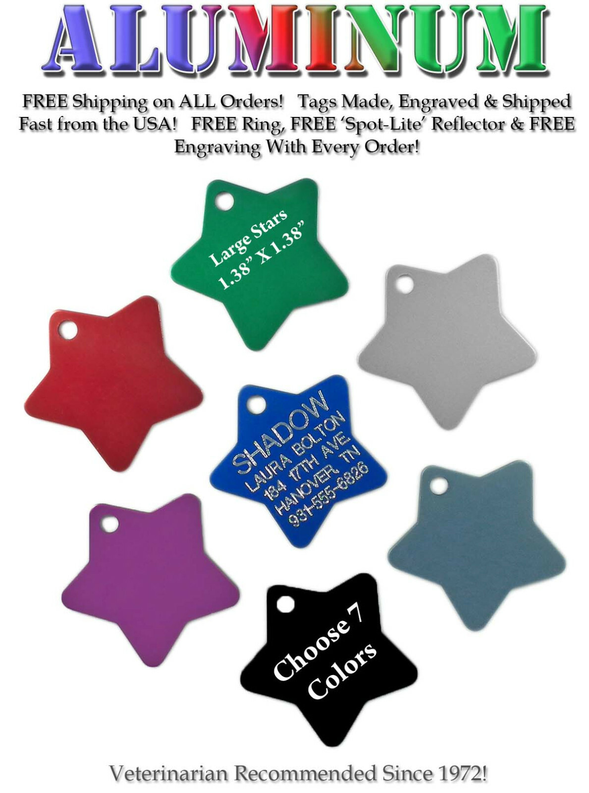 STAR Pet Dog Cat Identification Name Tags – Custom Engraved ID Tags – 7 Colors