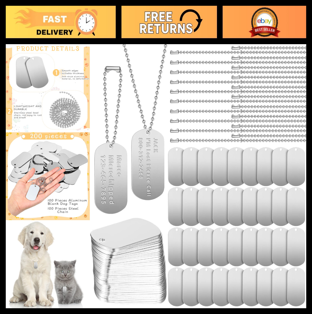 200 Pcs Military Dog Tags Set – 100 Blank Aluminum Tags & 100 Steel Chains for D