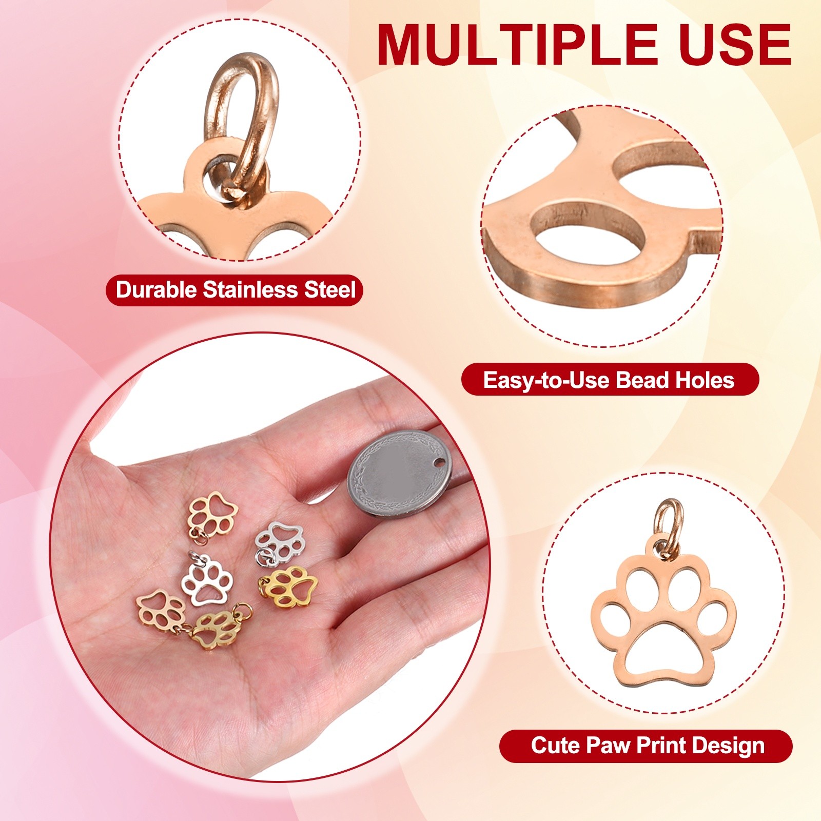 Dog Paw Print Charms 3mm, 20 Pcs Cat Dog Paw Pendant, Rose Gold