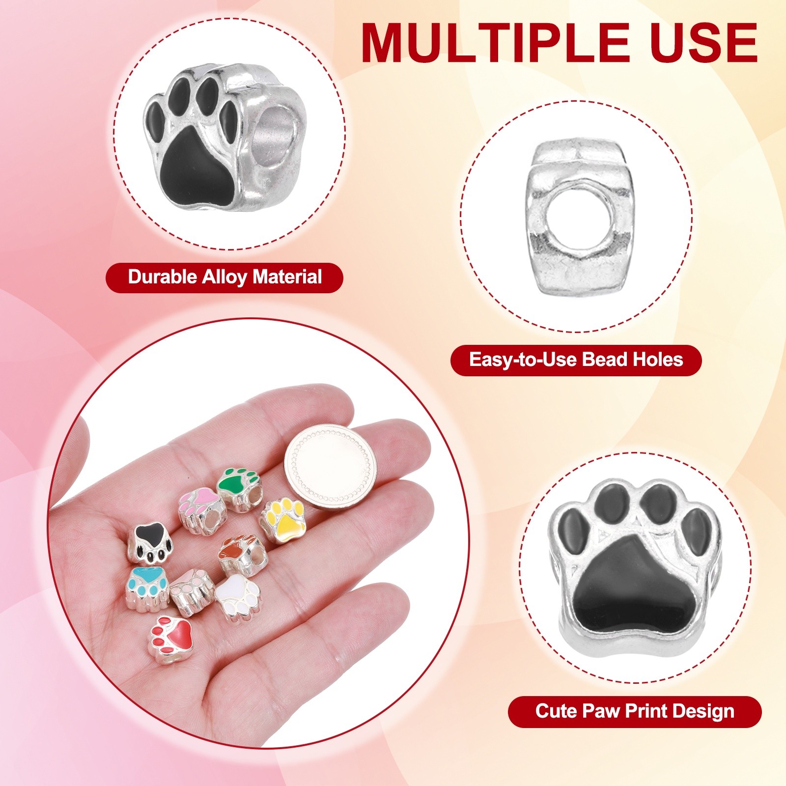 Enamel Paw Print Charms, Alloy Dog Cat Paw Large Hole Beads, 20Pcs(Black)