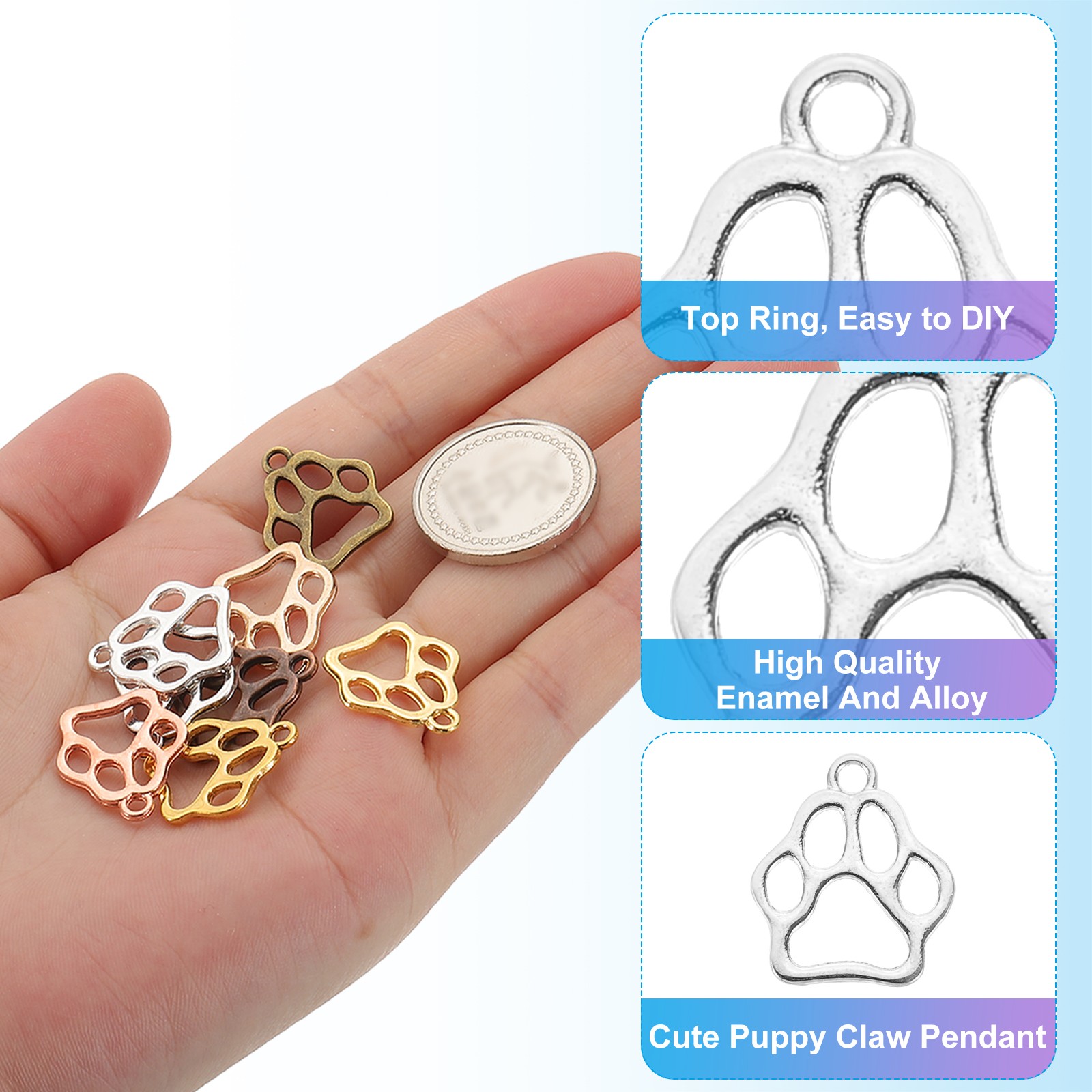 Hollow Paw Print Charm, 100Pcs Alloy Footprint Pendants, Bright Silver
