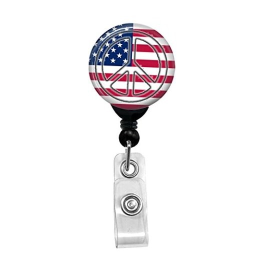 Patriotic USA Peace Sign Flag – Memorial Black Badge Reel With Belt Slide Clip