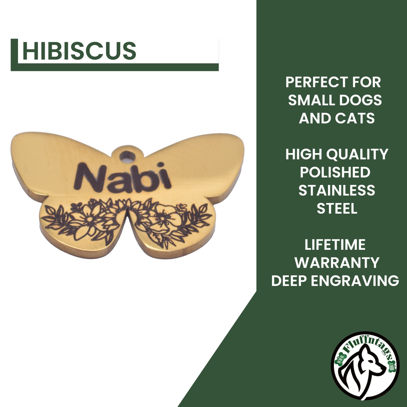 Custom Deep Engraved Butterfly Pet ID Stainless Steel for Small Dog & Cat ID Tag