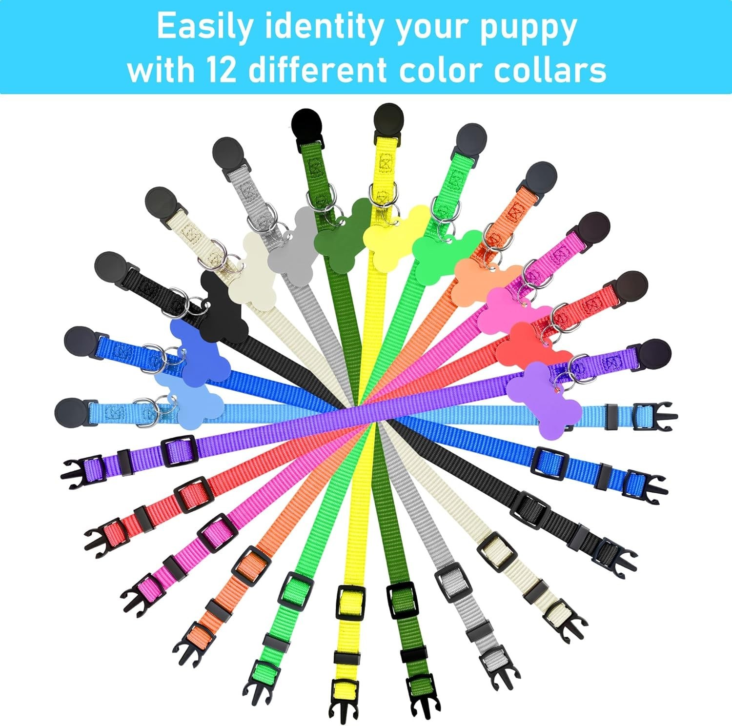 Adjustable Breakaway Puppy Collars – Assorted Colors with ID Tags Set of 12