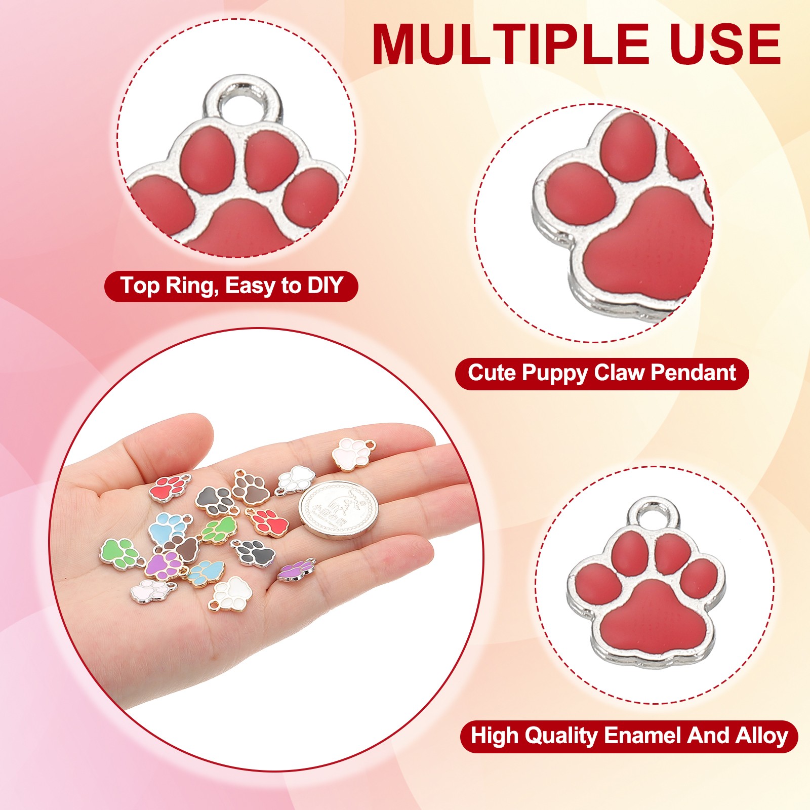 100 Pcs Red/Silver Enamel Paw Print Charm Alloy Enamel Pendants