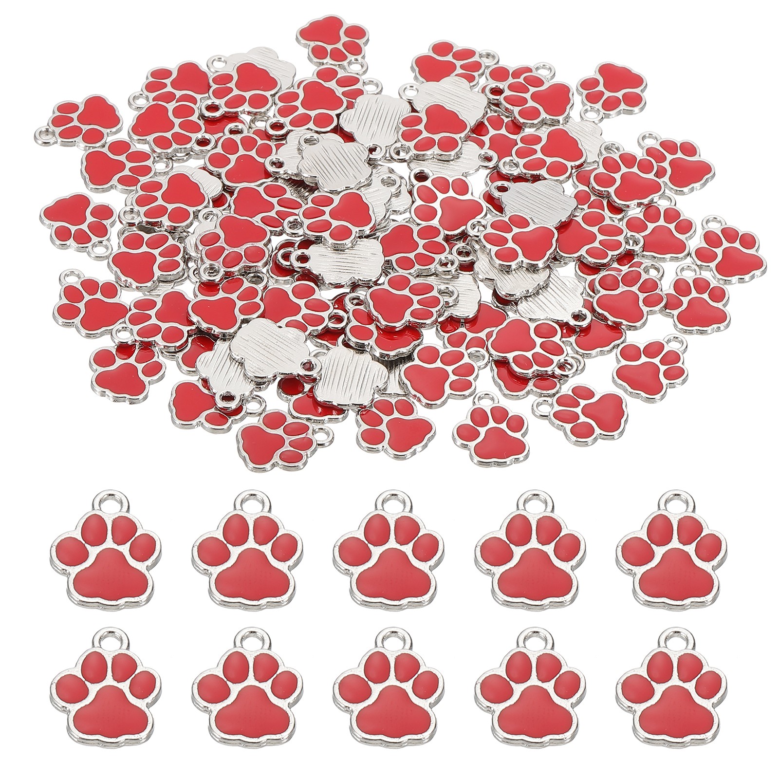 100 Pcs Red/Silver Enamel Paw Print Charm Alloy Enamel Pendants