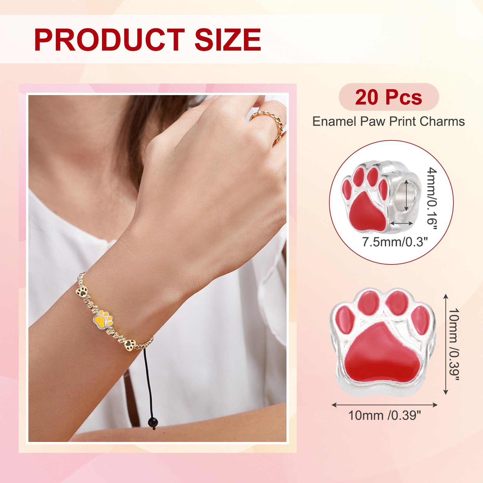 Enamel Paw Print Charms, Alloy Dog Cat Paw Large Hole Beads, 20Pcs(Red)