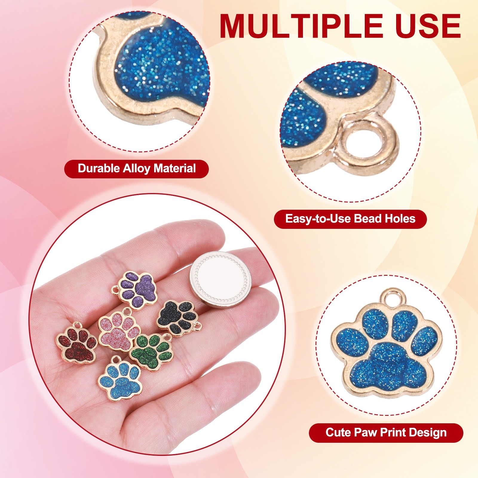 Enamel Paw Print Charms with Glitter Powder, 50Pcs(Gold Tone/Blue)