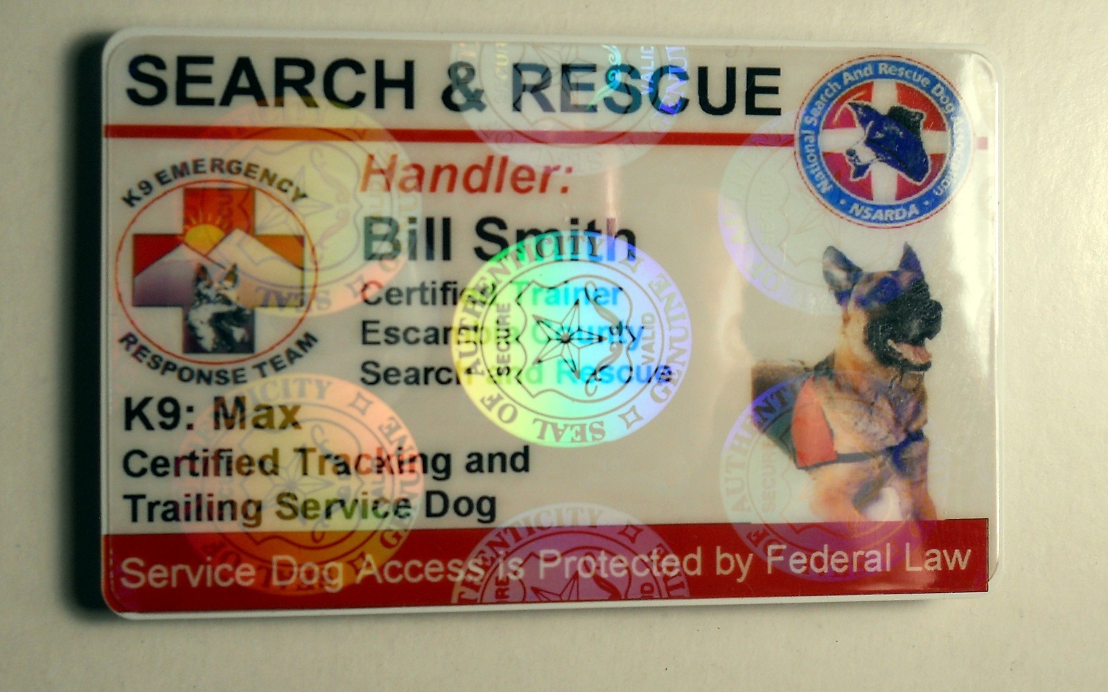HOLOGRAPHIC SEARCH AND RESCUE SERVICE DOG ID BADGE CUSTOM CARD WORKING DOG 25