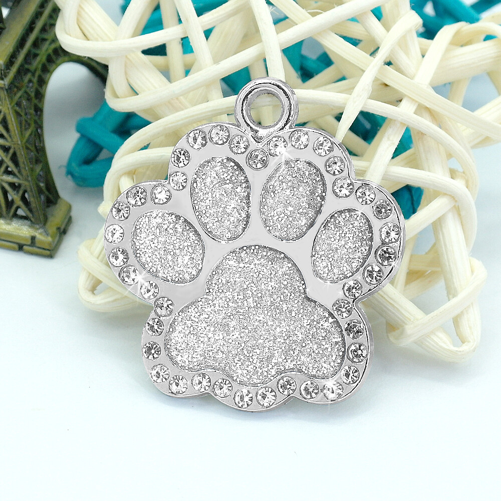 Glitter Paw Dog Tag Bling Rhinestones Personalized Custom Name ID Engraved Cat
