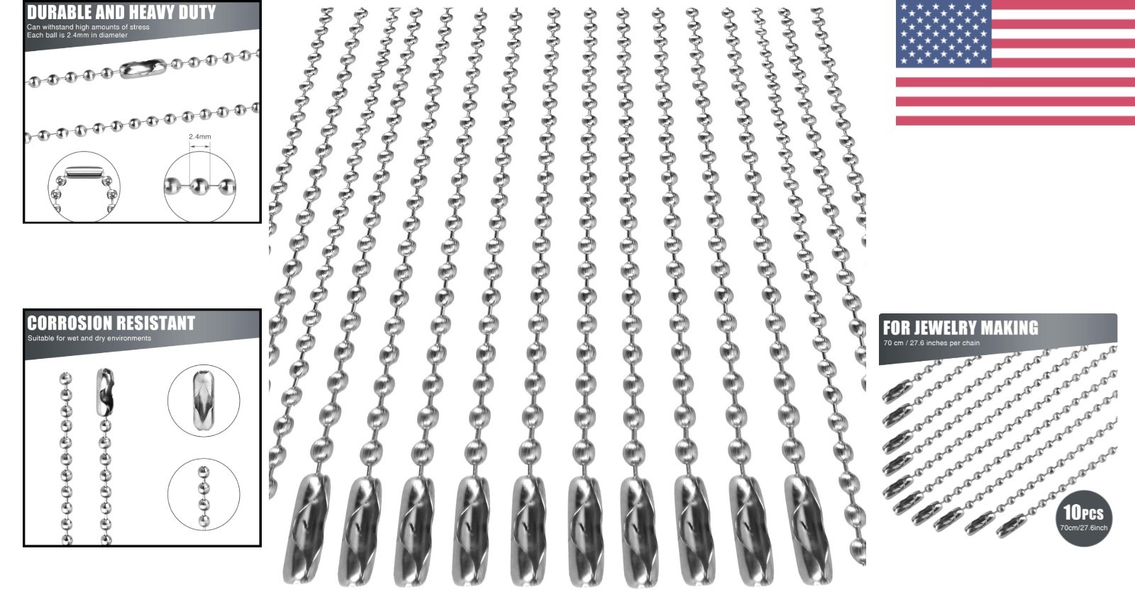 Nickel Plated Dog Tag Chains for Men 10 pcs 27.6″ Long Ball Chain Necklace