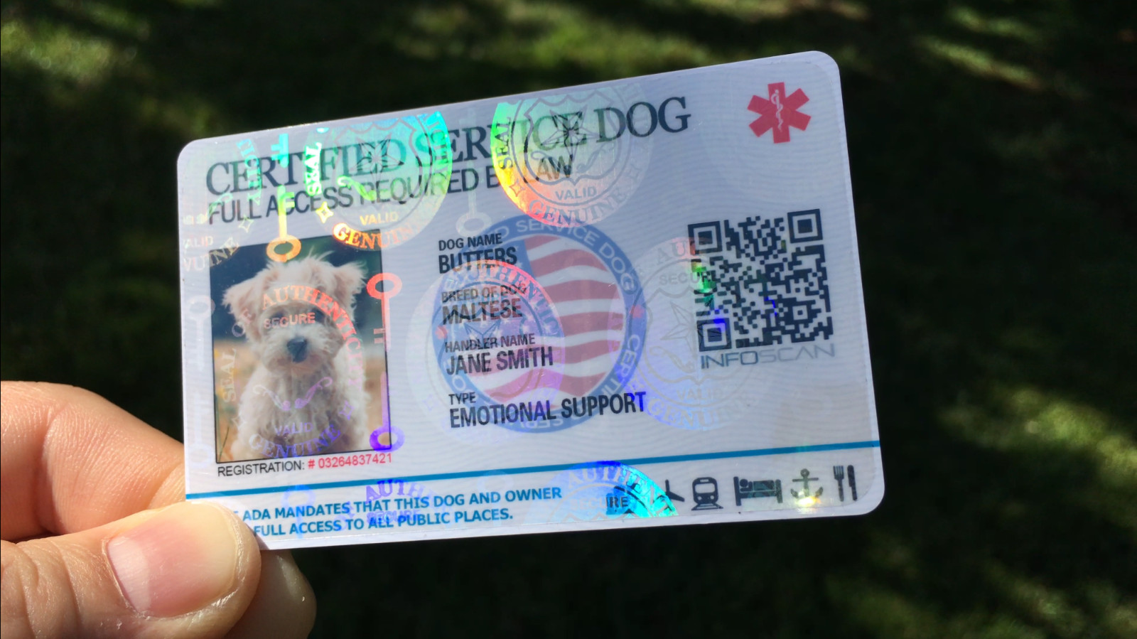 HOLOGRAPHIC SERVICE DOG ID CARD FOR SERVICE MEDICAL EMOTIONAL PTSD ANIMAL