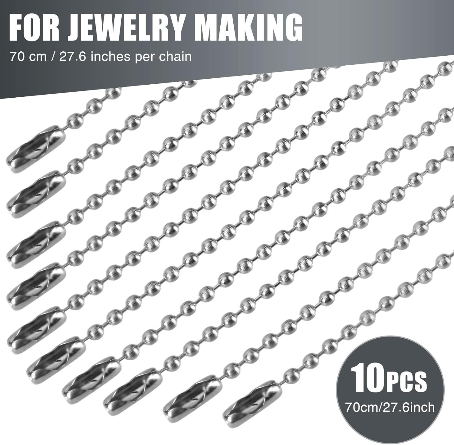 Nickel Plated Dog Tag Chains for Men 10 pcs 27.6″ Long Ball Chain Necklace