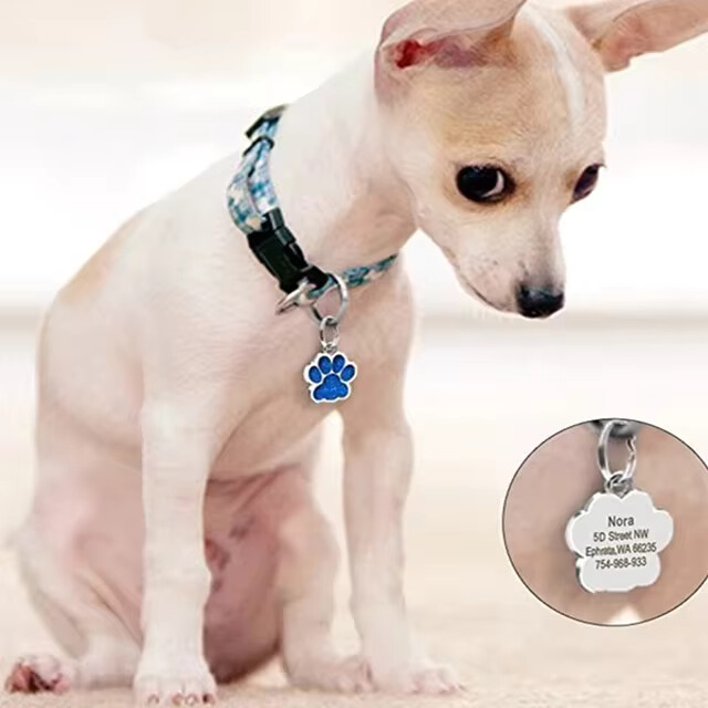 Personalized Dog Cat Tags Free Engraved Pet Puppy ID Anti-lost Name Paw Glitter