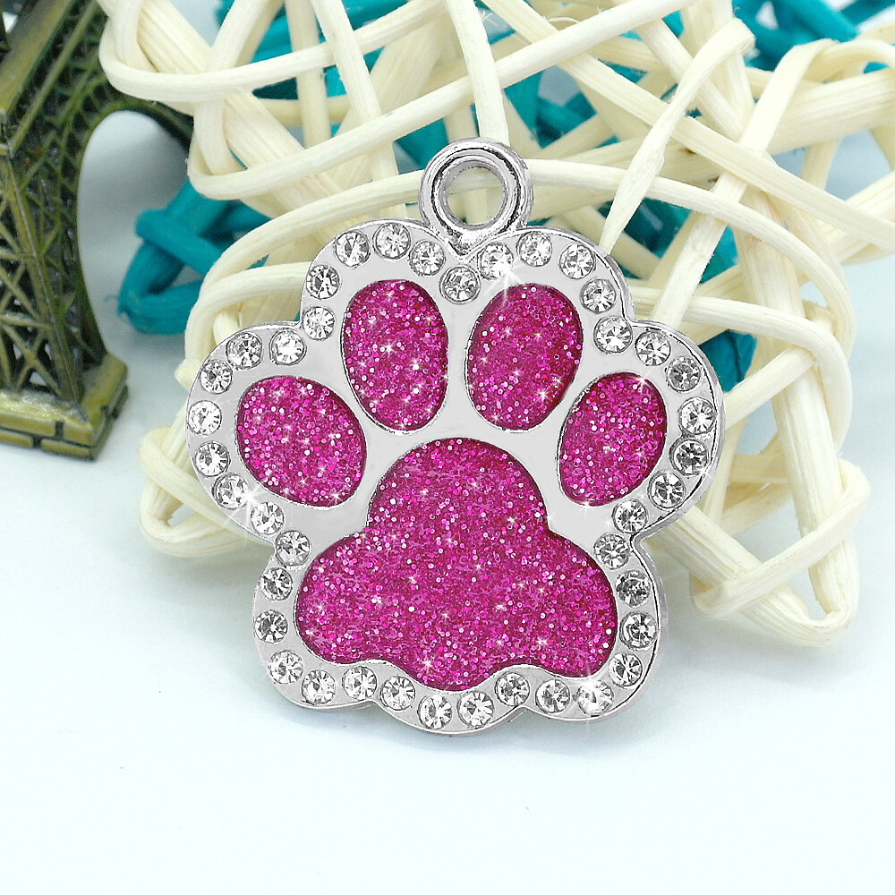 Glitter Paw Dog Tag Bling Rhinestones Personalized Custom Name ID Engraved Cat