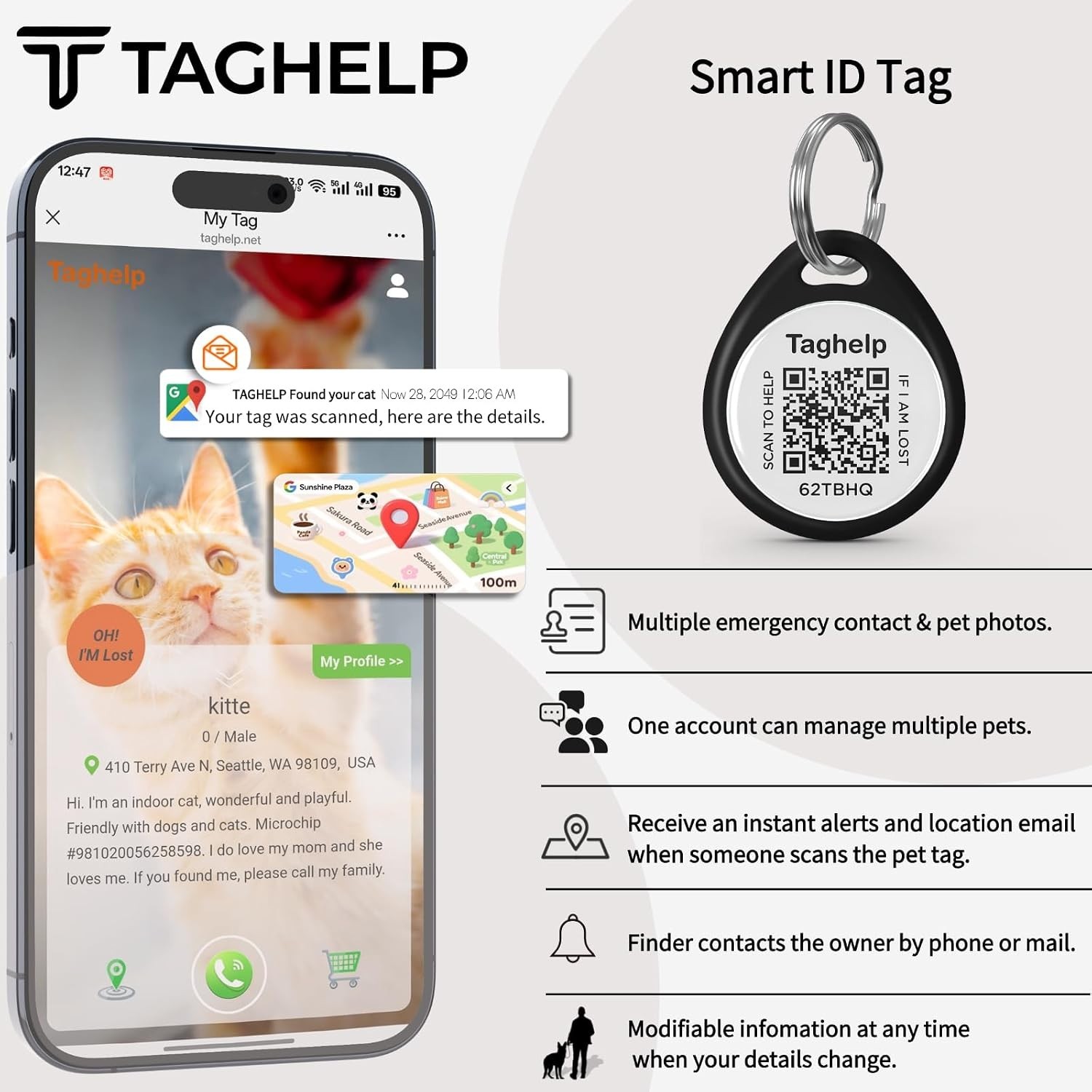 QR Code Cat ID Tag for Collar, Smart Pet ID with Free Online Profile, Instant…