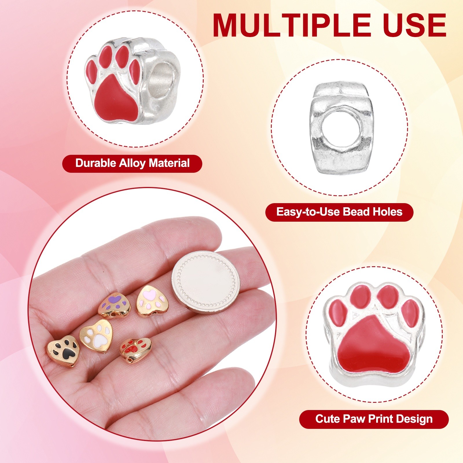 Enamel Paw Print Charms, Large Hole Beads, 20Pcs(Red/Green/Yellow/Blue)
