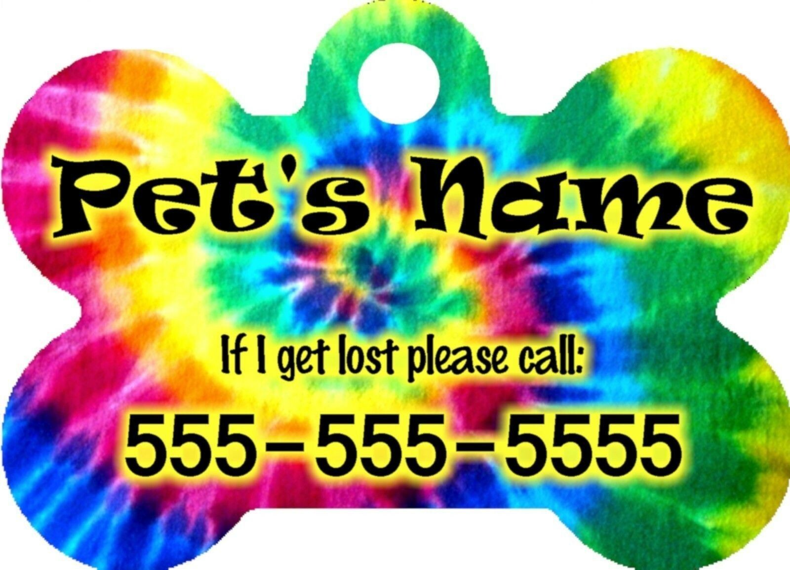 Personalized Custom Pet Tag Bone Shaped Tie-Dye Tie Dye Rainbow Background NEW