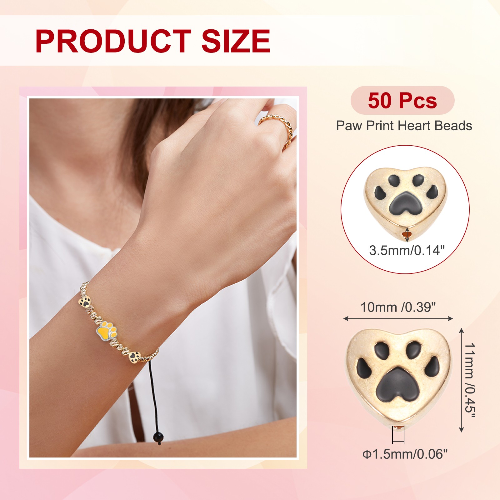 Paw Print Heart Beads, Enamel Alloy Dog Cat Paw Charms Pendant, 50Pcs(Black)