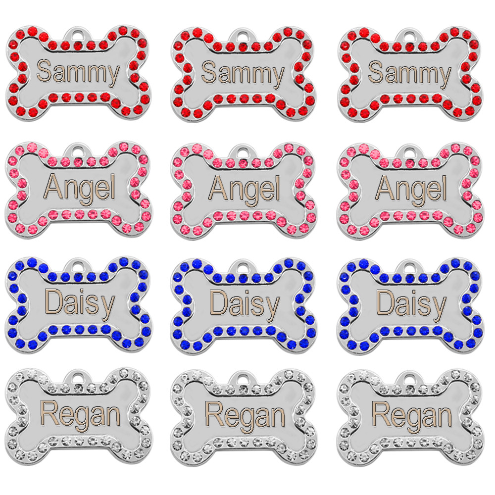 Glitter Crystal Bone Paw Shape Custom Dog Tags Pet Dog ID Name Phone Engrave