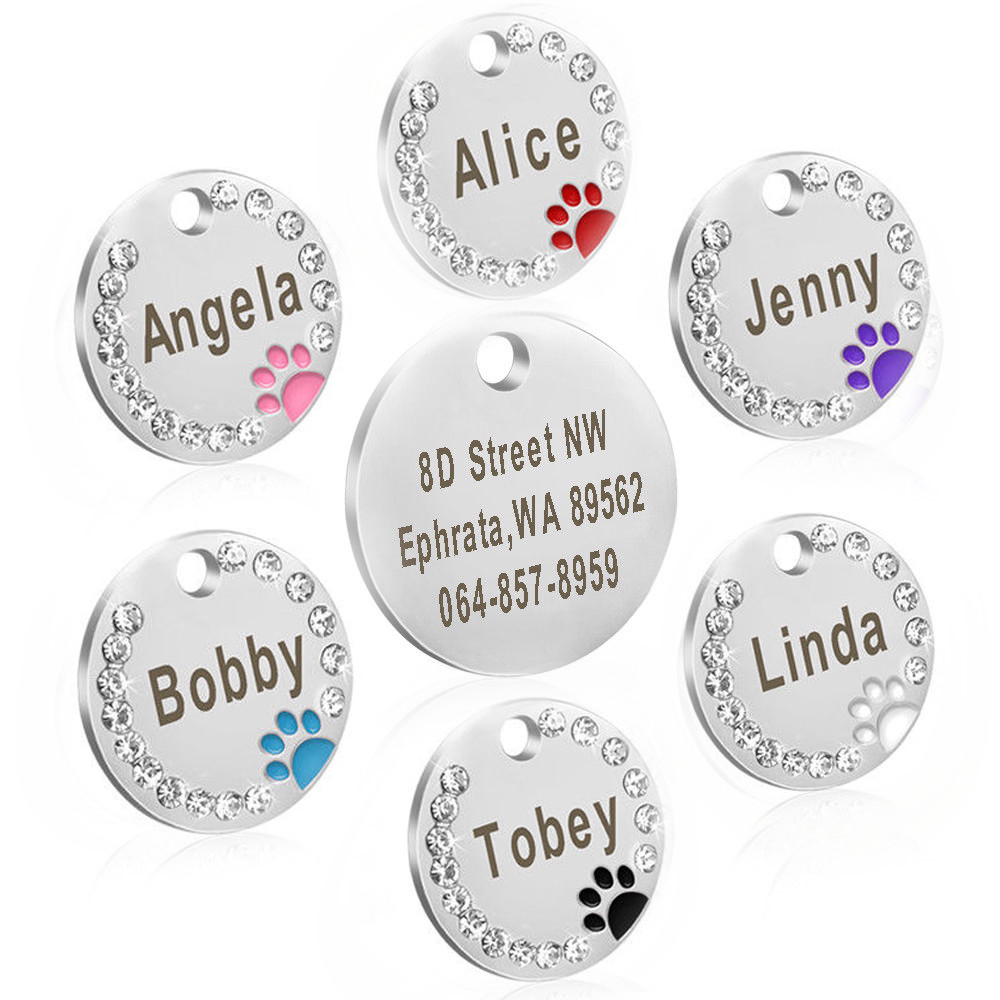 Paw Rhinestone Personalized Dog Tags Pet Cat ID Name Tag Engraved Free Hair Bows