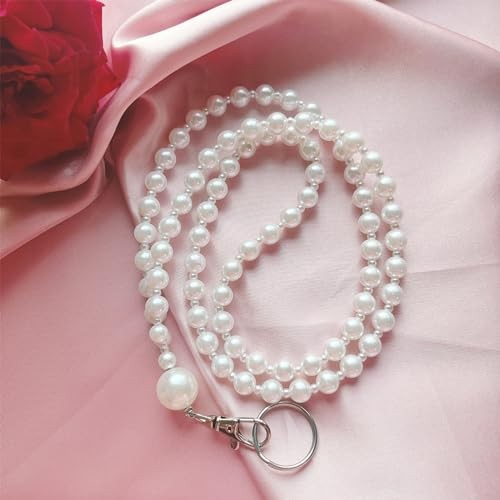 Middle White Pearl Lanyard for Women for ID Badges Name Tag and Keys Light