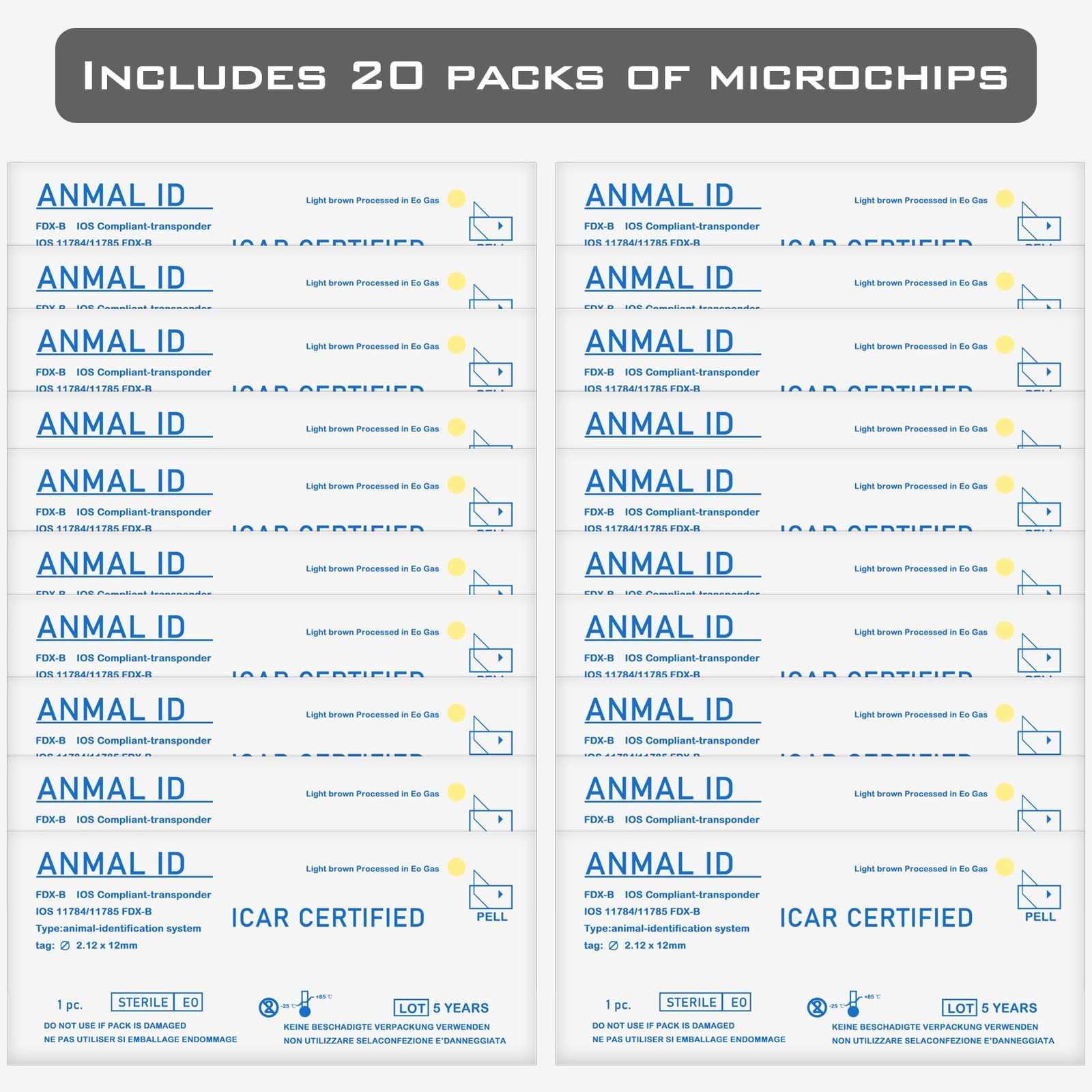20 Pack 2.12x12mm Universal Standard Microchip, ISO11784/85 FDX-B Pet ID Tags…