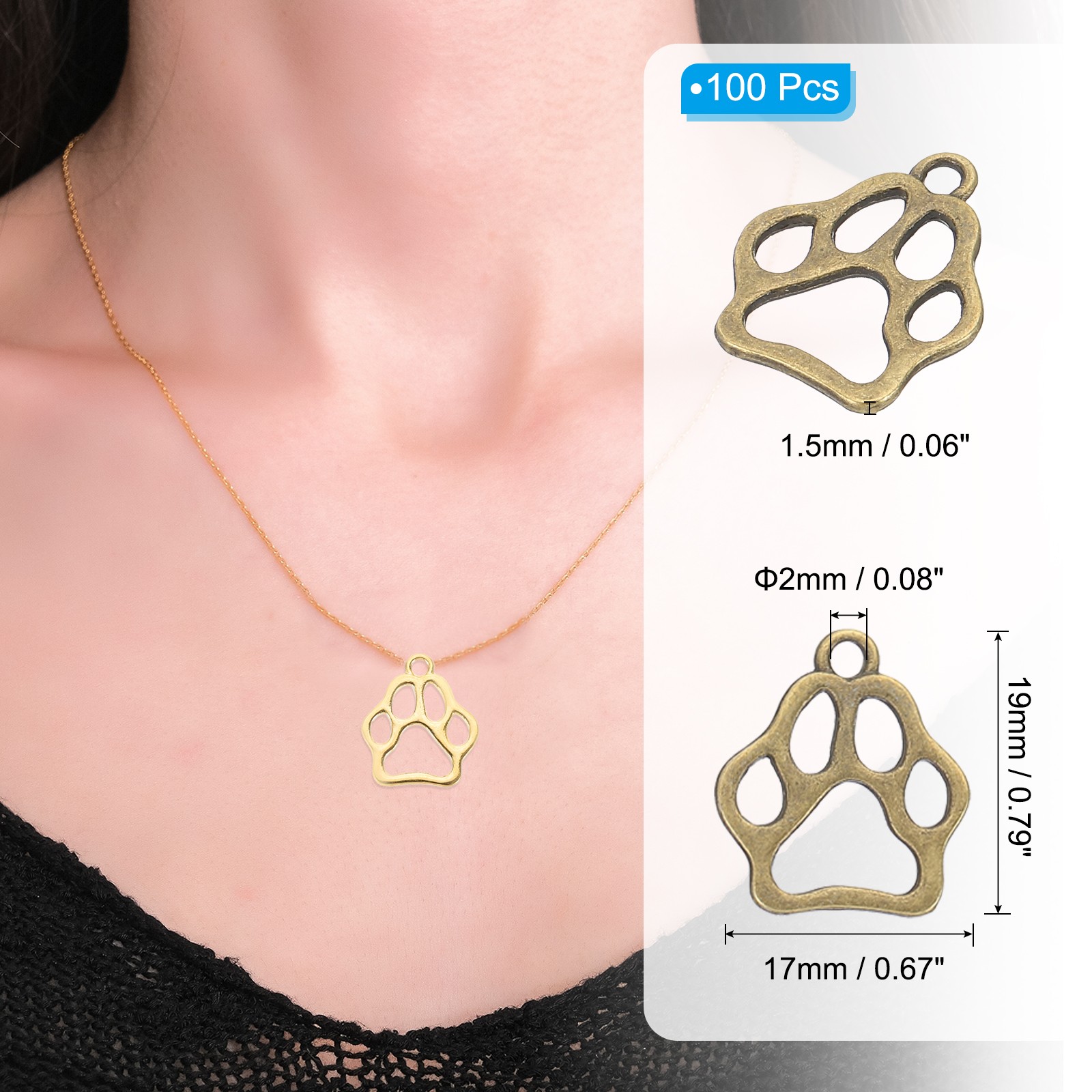 Hollow Paw Print Charm, 100Pcs Alloy Footprint Pendants, Bronze Tone