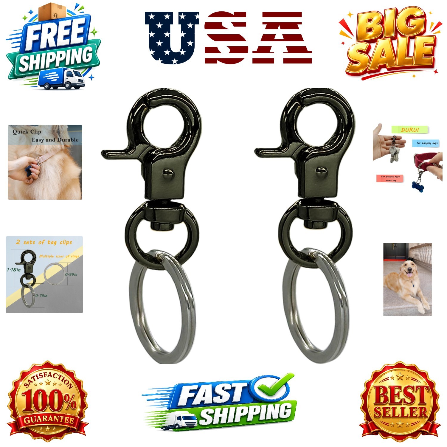 Dog Tag Clips 2 pack Easy Change for Pet ID Tag Quick Clips Small Medium Larg…