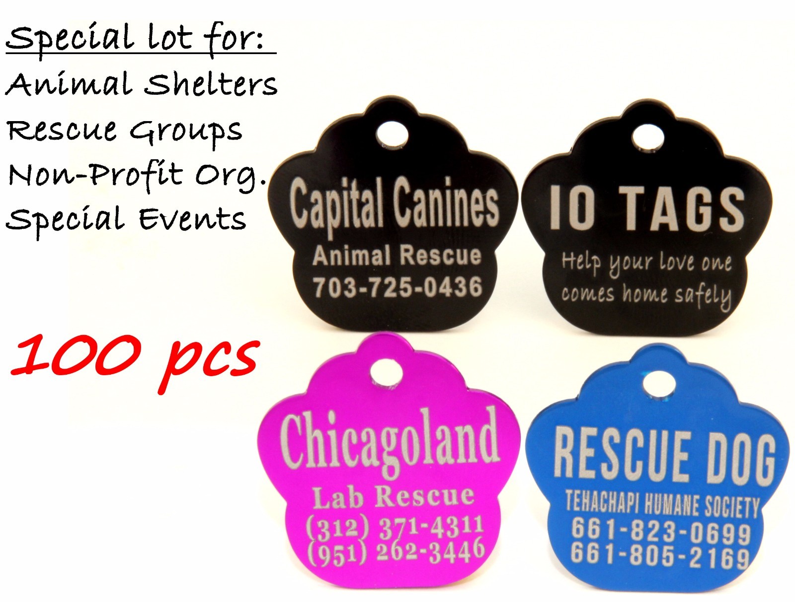 Double sided Bulk Lot Pet ID Tag Dog Cat for Shelter Rescue Non Profit Lot 100