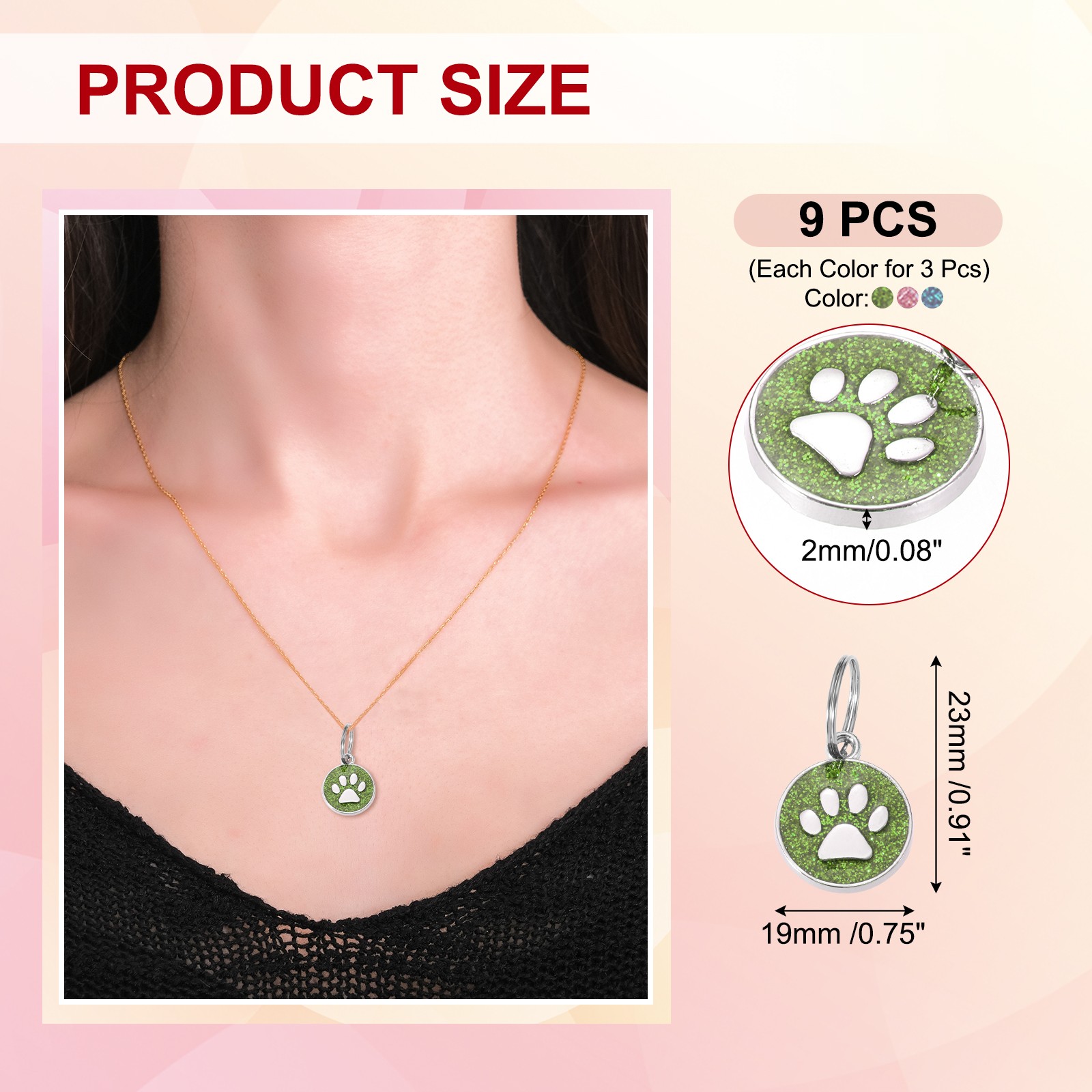Enamel Paw Print Charm, 9Pcs Alloy Enamel Pendants, Lake Blue/Pink/Green