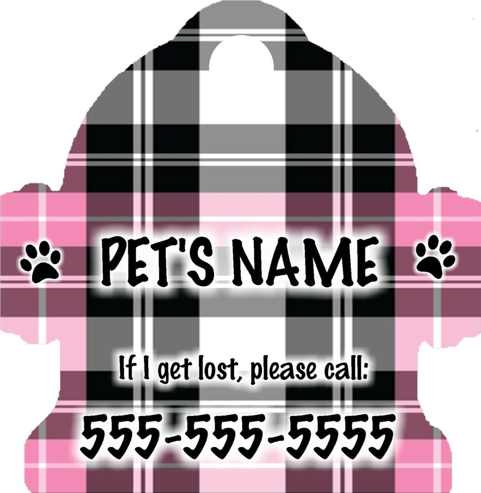 Personalized Custom Pet Tag Fire Hydrant Plaid Pink Black White Design Bground